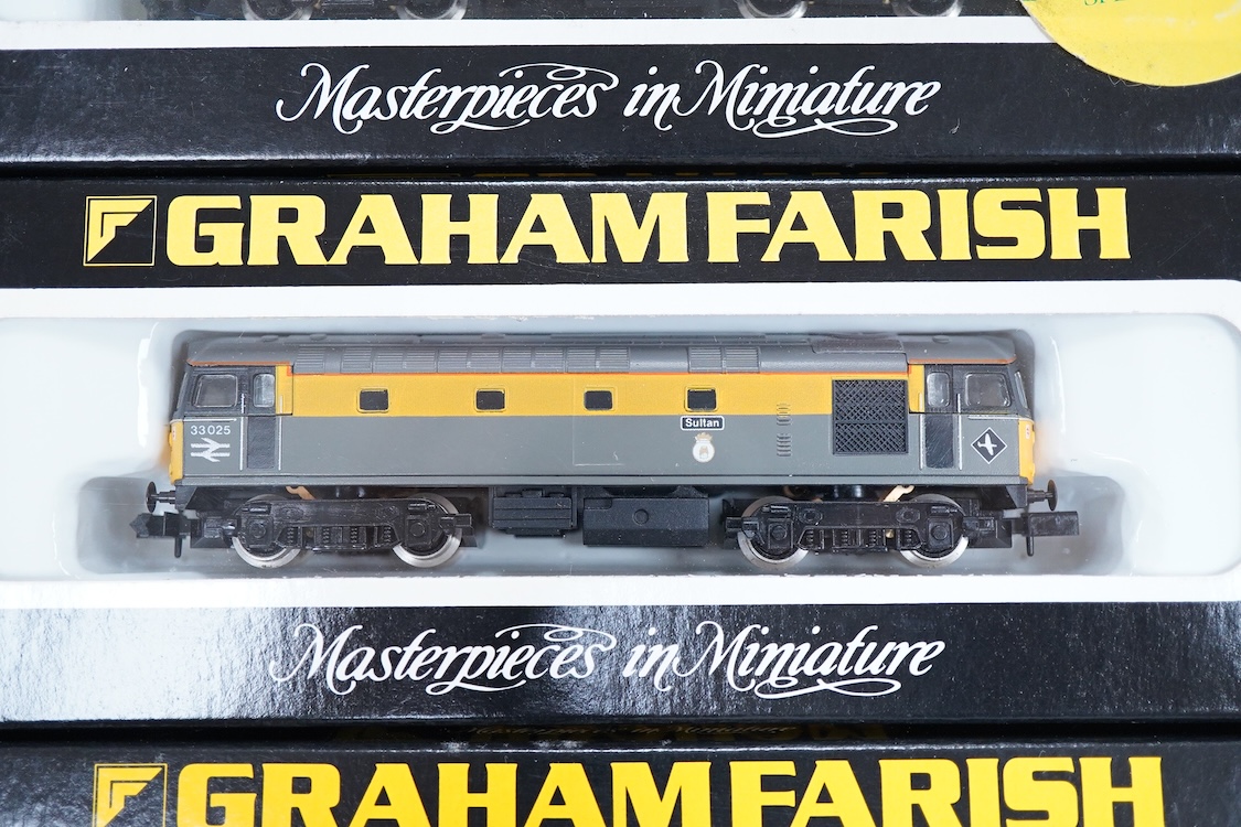 Four boxed Graham Farish N gauge railway Class 33 Bo-Bo diesel-electric locomotives; a BR, 33 205 (8317), a BR, 33 056 (8316), a BR, Sultan 33 025 (8312) and an EWS, 33030 (831A).